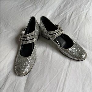 Saint Laurent Silver Glitter Heels Mary Jane